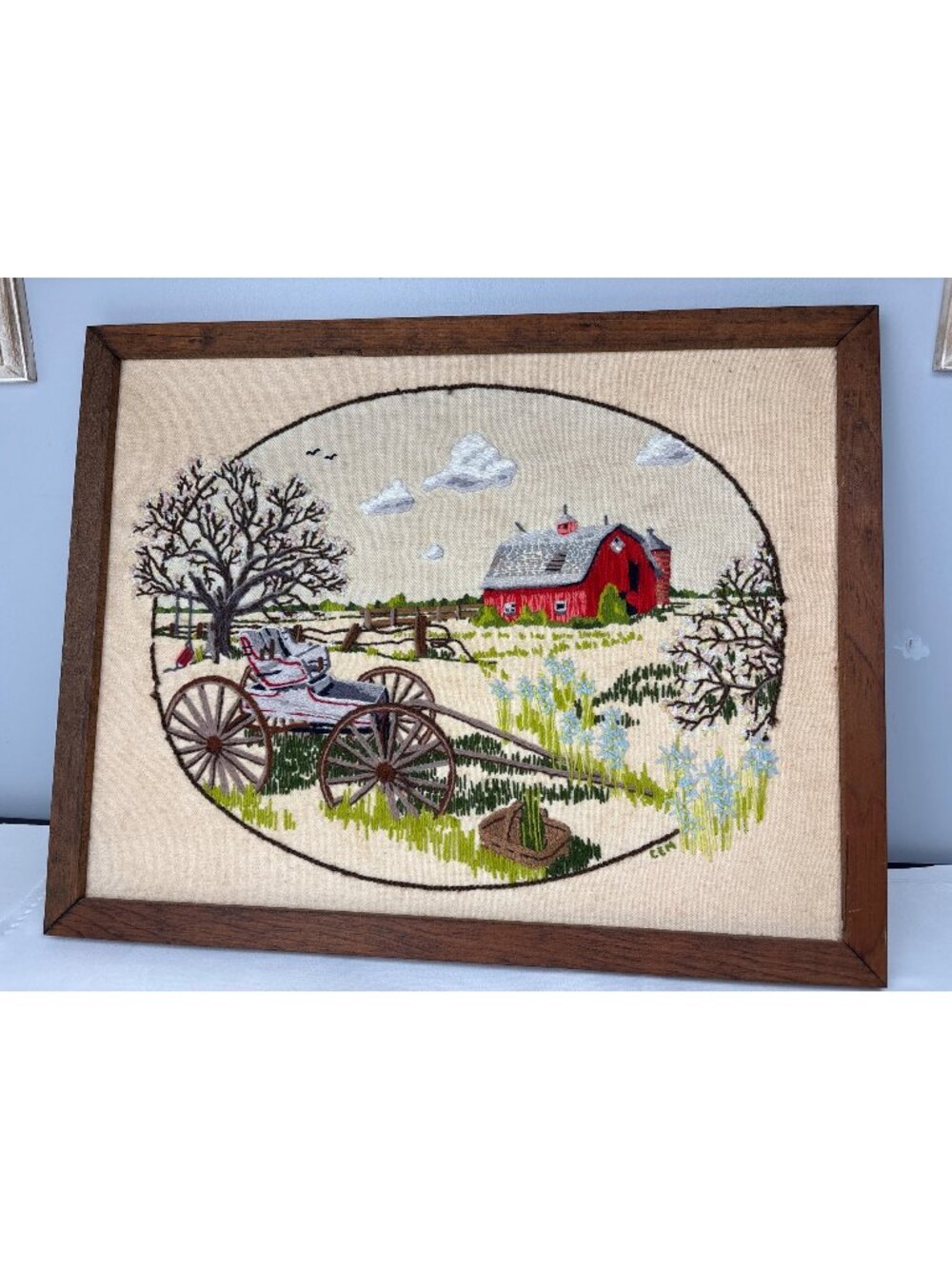 Framed Hand-Embroidered Farm Scene Wall Art Barn Wagon 19"x15" Vtg